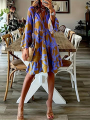 Leaves Print Tiered Dress Long Sleeve Casual Dress