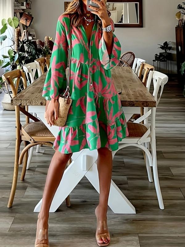 Leaves Print Tiered Dress Long Sleeve Casual Dress