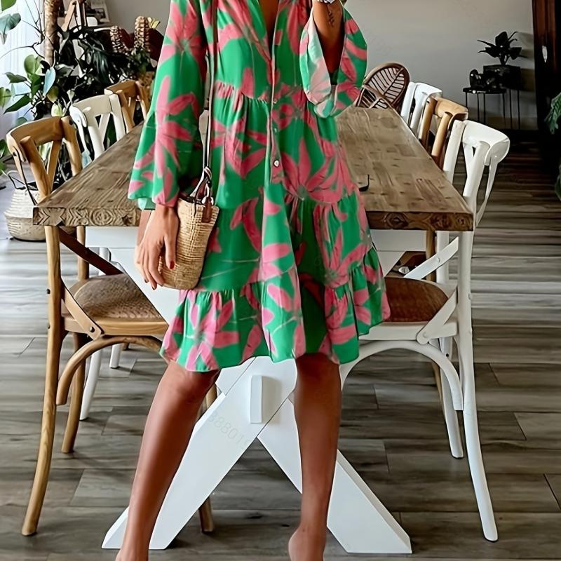 Leaves Print Tiered Dress Long Sleeve Casual Dress