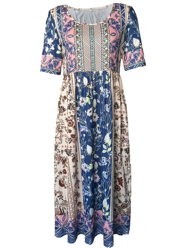 Floral Print Crew Neck Dress Short Sleeve Casual Dress