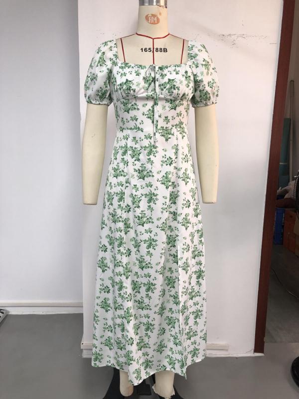 Floral Print Square Neck Dress Casual Split Short Sleeve Dress