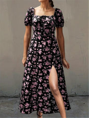 Floral Print Square Neck Dress Casual Split Short Sleeve Dress