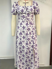 Floral Print Square Neck Dress Casual Split Short Sleeve Dress