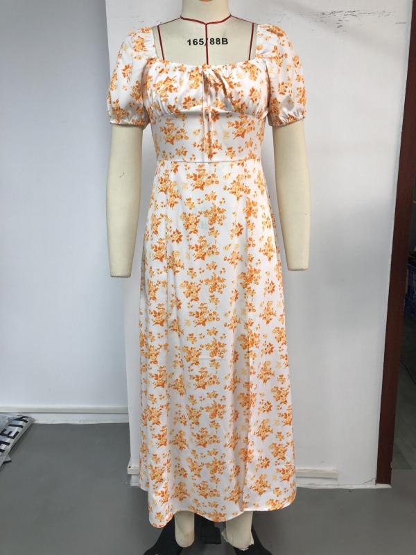 Floral Print Square Neck Dress Casual Split Short Sleeve Dress