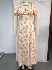 Floral Print Square Neck Dress Casual Split Short Sleeve Dress