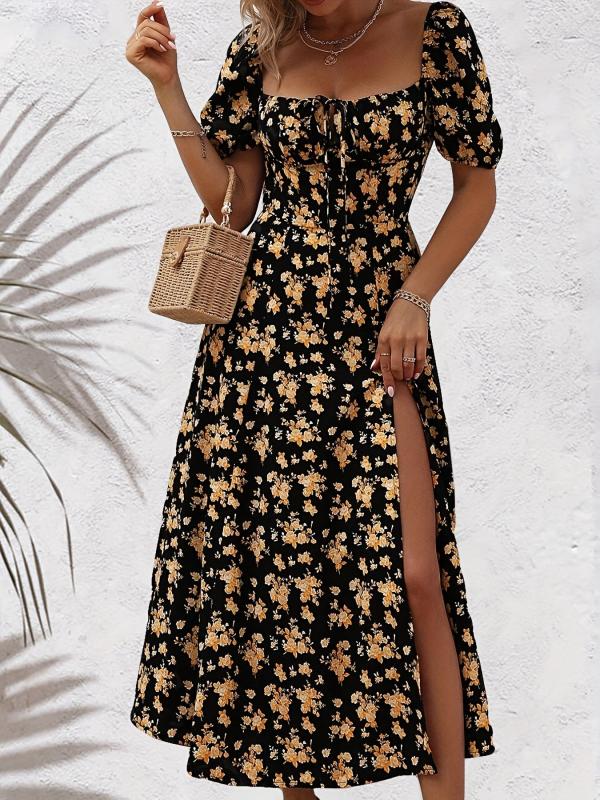 Floral Print Square Neck Dress Casual Split Short Sleeve Dress