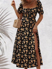 Floral Print Square Neck Dress Casual Split Short Sleeve Dress
