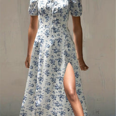 Floral Print Square Neck Dress Casual Split Short Sleeve Dress
