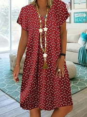 Polka Dot & Heart Print Dress Cute V Neck Short Sleeve Dress