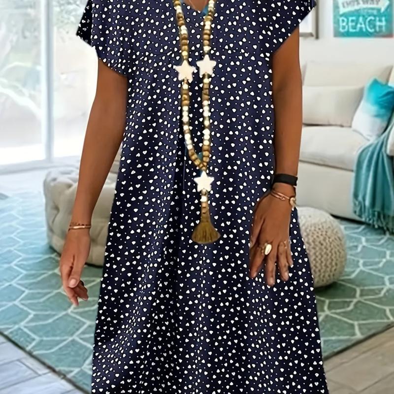 Polka Dot & Heart Print Dress Cute V Neck Short Sleeve Dress