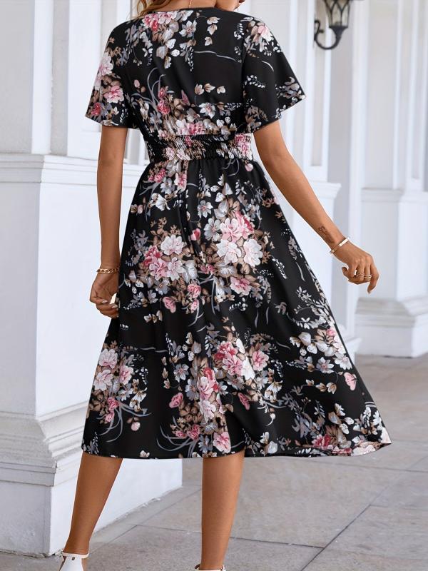 Floral Print Shirred Waist Dress Short Sleeve V Neck Summer Women's Clothing