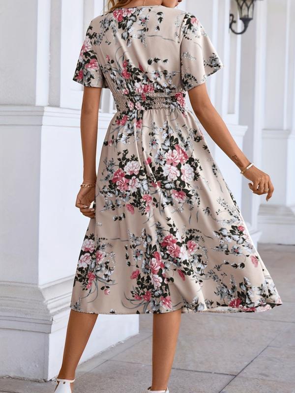 Floral Print Shirred Waist Dress Short Sleeve V Neck Summer Women's Clothing