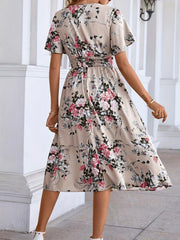 Floral Print Shirred Waist Dress Short Sleeve V Neck Summer Women's Clothing