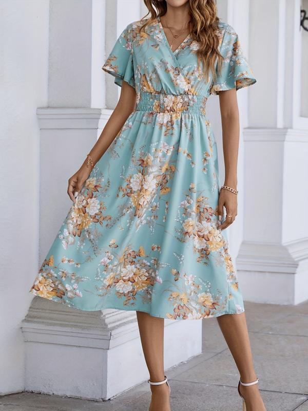 Floral Print Shirred Waist Dress Short Sleeve V Neck Summer Women's Clothing