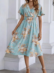 Floral Print Shirred Waist Dress Short Sleeve V Neck Summer Women's Clothing