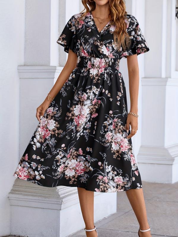 Floral Print Shirred Waist Dress Short Sleeve V Neck Summer Women's Clothing