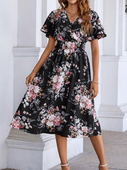 Floral Print Shirred Waist Dress Short Sleeve V Neck Summer Women's Clothing