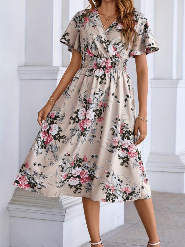 Floral Print Shirred Waist Dress Short Sleeve V Neck Summer Women's Clothing