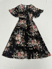 Floral Print Shirred Waist Dress Short Sleeve V Neck Summer Women's Clothing