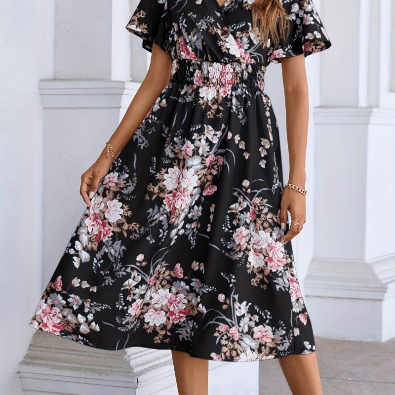 Floral Print Shirred Waist Dress Short Sleeve V Neck Summer Women's Clothing
