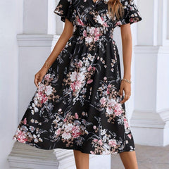 Floral Print Shirred Waist Dress Short Sleeve V Neck Summer Women's Clothing