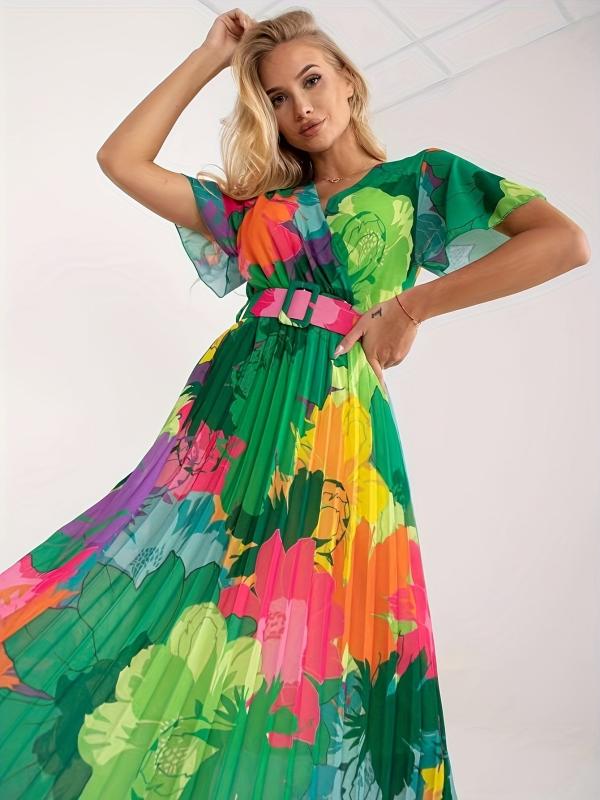 Boho Floral Print Pleat Dress with Belt Short Sleeve
