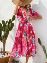 Boho Floral Print Pleat Dress with Belt Short Sleeve