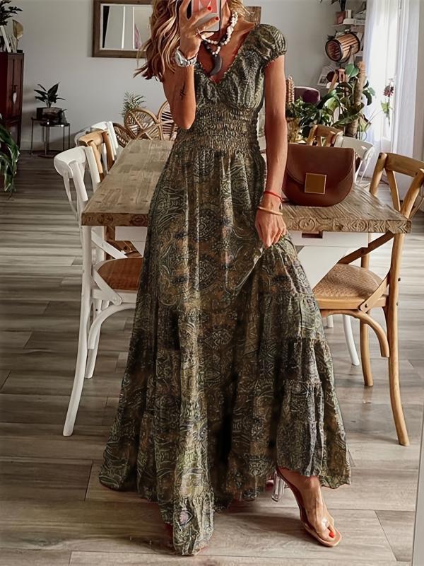 Boho Floral Print Ruffle Neck Maxi Dress