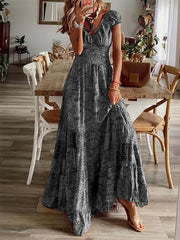 Boho Floral Print Ruffle Neck Maxi Dress