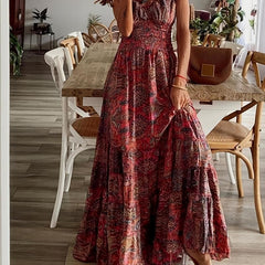 Boho Floral Print Ruffle Neck Maxi Dress