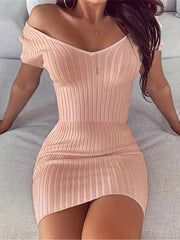 Ribbed V Neck Dress Short Sleeve Slim Summer Dress