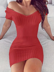 Ribbed V Neck Dress Short Sleeve Slim Summer Dress