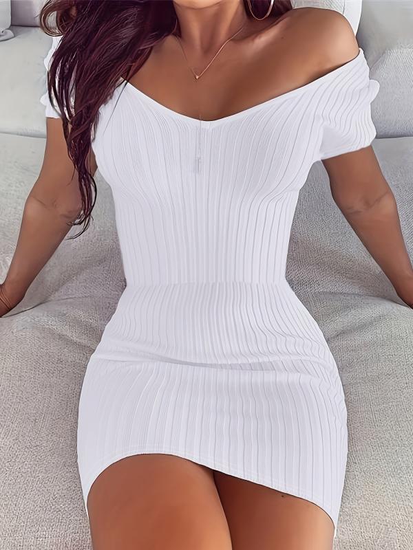 Ribbed V Neck Dress Short Sleeve Slim Summer Dress