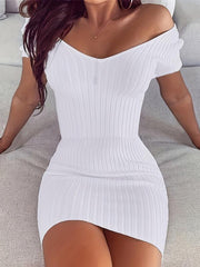 Ribbed V Neck Dress Short Sleeve Slim Summer Dress