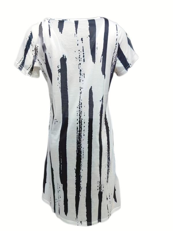 Striped V Neck Dress Short Sleeve Casual Dress