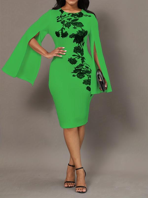 Slit Long Sleeve Sheath Dress Crew Neck Slim Casual Dress Women's Clothing