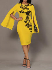 Slit Long Sleeve Sheath Dress Crew Neck Slim Casual Dress Women's Clothing