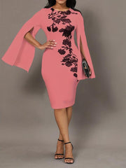 Slit Long Sleeve Sheath Dress Crew Neck Slim Casual Dress Women's Clothing