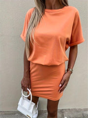 Solid Dress Casual Crew Neck Short Sleeve Slim Waist Dress