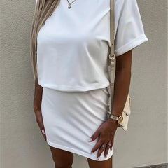 Solid Dress Casual Crew Neck Short Sleeve Slim Waist Dress
