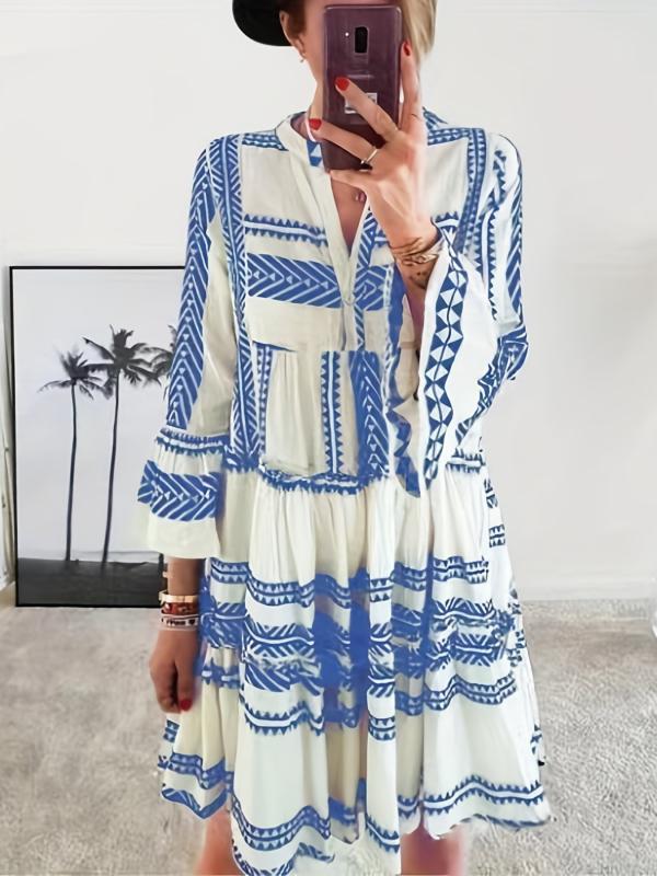 Tribal Print Dress Vacation Flared Sleeve Dress Women's Clothing