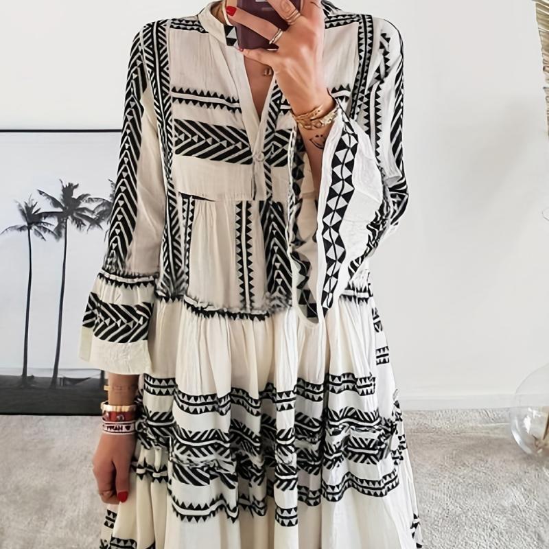 Tribal Print Dress Vacation Flared Sleeve Dress Women's Clothing