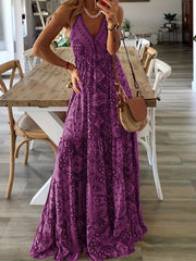 Boho Ethnic Print Maxi Dress V Neck Sleeveless