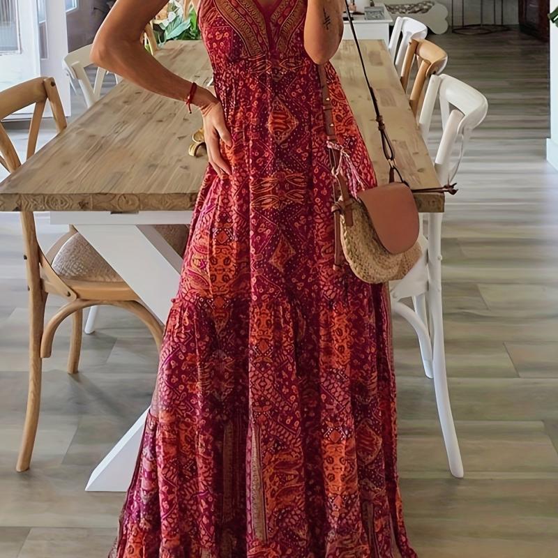 Boho Ethnic Print Maxi Dress V Neck Sleeveless