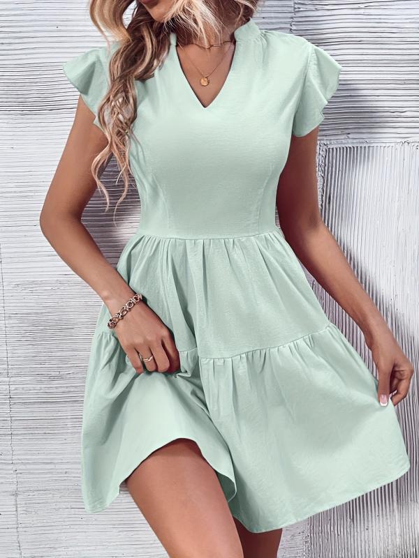 Solid V Neck Dress Casual Women's Clothing