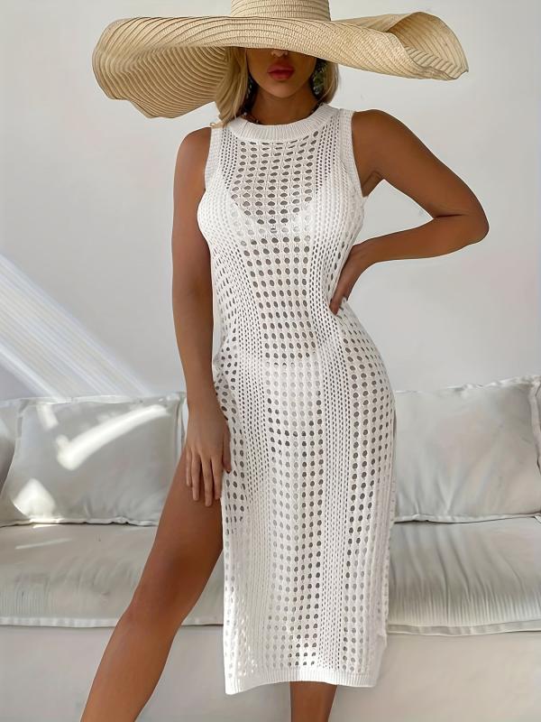 Crochet Cover Up Dress Sexy Beach Wear Cut Out Split Tank Dress