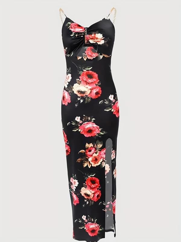 Floral Print Chain Strap Bodycon Dress