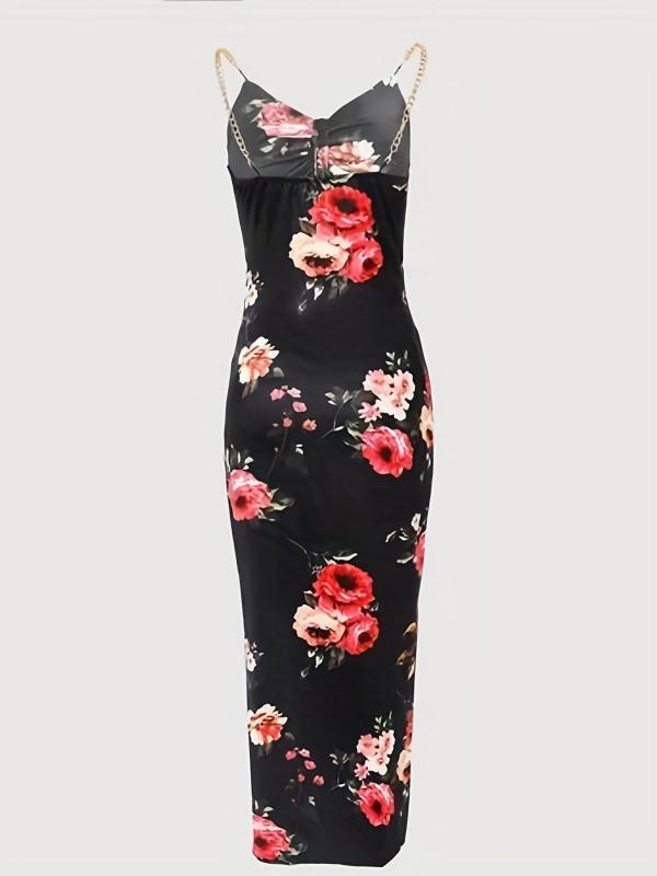 Floral Print Chain Strap Bodycon Dress