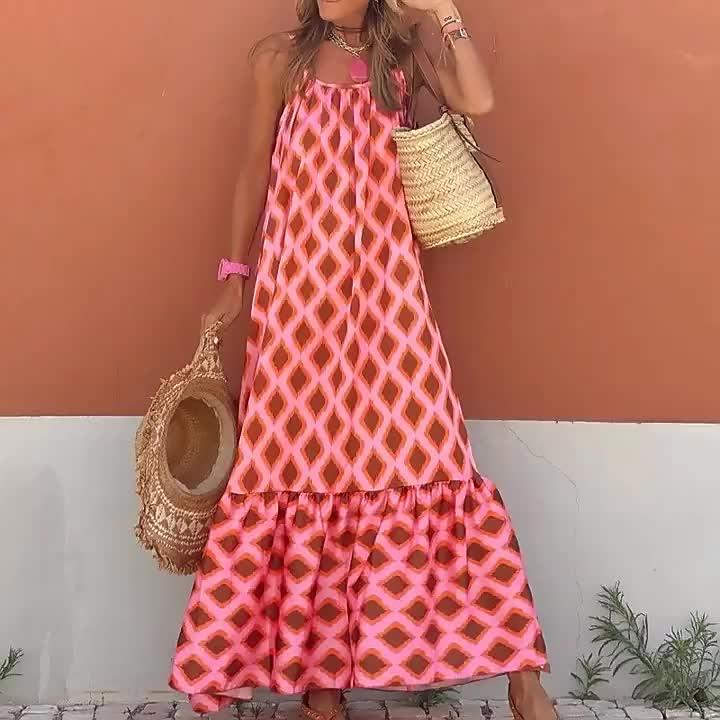 Boho Argyle Print Maxi Dress Spaghetti Sleeveless Vacation