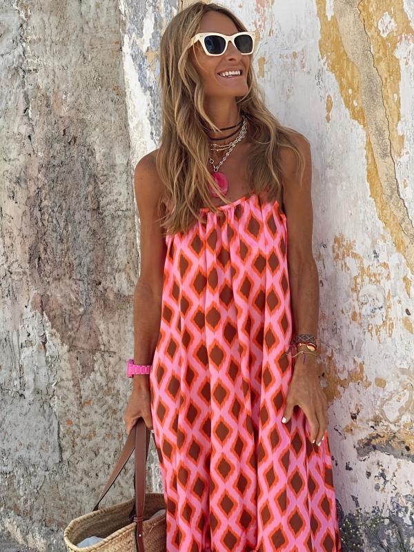 Boho Argyle Print Maxi Dress Spaghetti Sleeveless Vacation